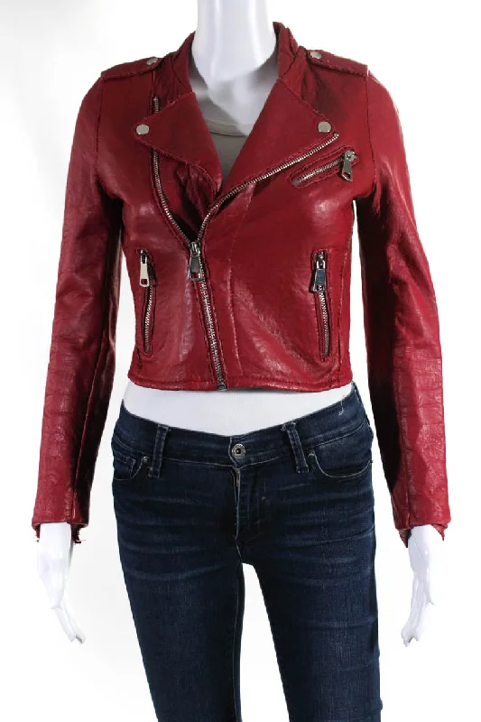 Maje Women's Long Sleeves Collar Full Zip Leather Moto Jacket Red