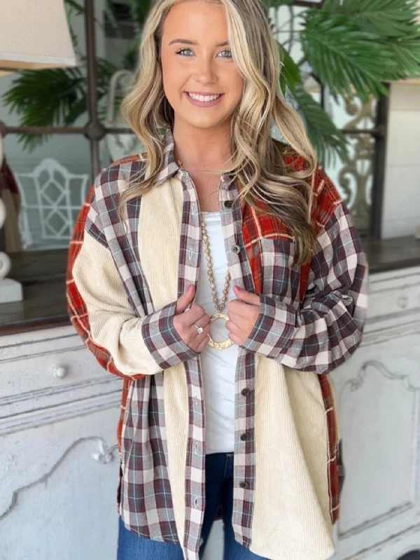 Plaid Corduroy Patchwork Casual Long Sleeve Jacket