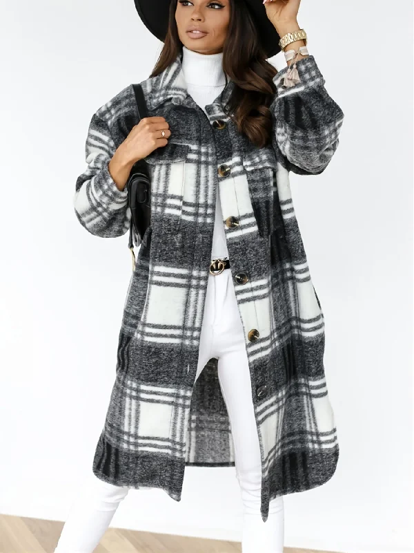 Women's Outerwear Casual Long Sleeve Plaid Brushed Mid-length Loose Jacket