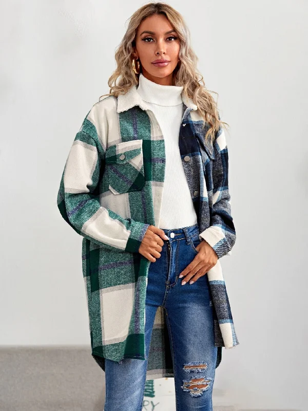 Women's Outerwear Mid Length Plaid Jacket Lounge Lapel Button Up Long Sleeve Plaid Long Shirt Spring Coat